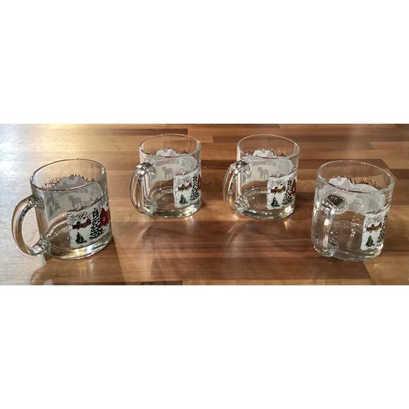 Vintage Set Of 4 Libbey Currier & Ives Christmas Glass Mugs Winter Snow Scene - Picture 8 of 11